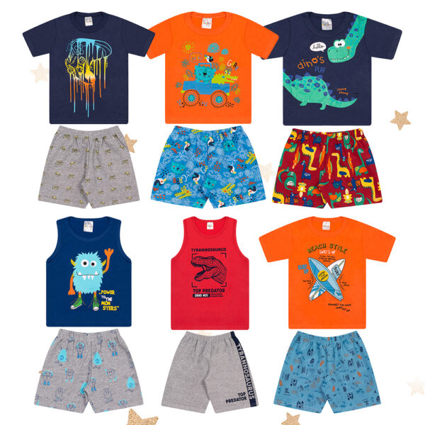Kit 6 Conjuntos Infantil Menino 12 Peças Camisetas e Shorts