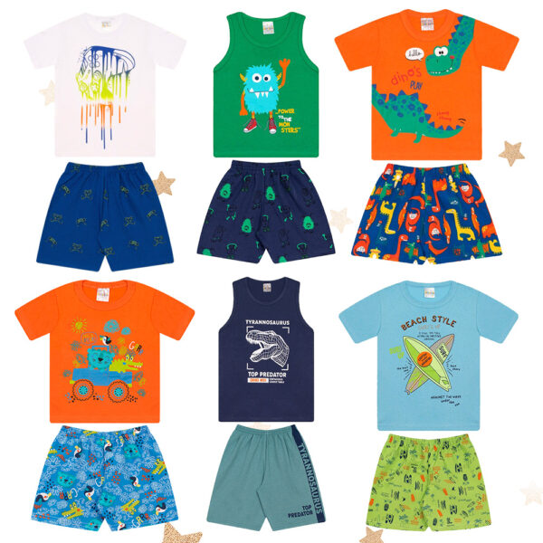 Kit 6 Conjuntos Infantil Menino 12 Peças Camisetas e Shorts